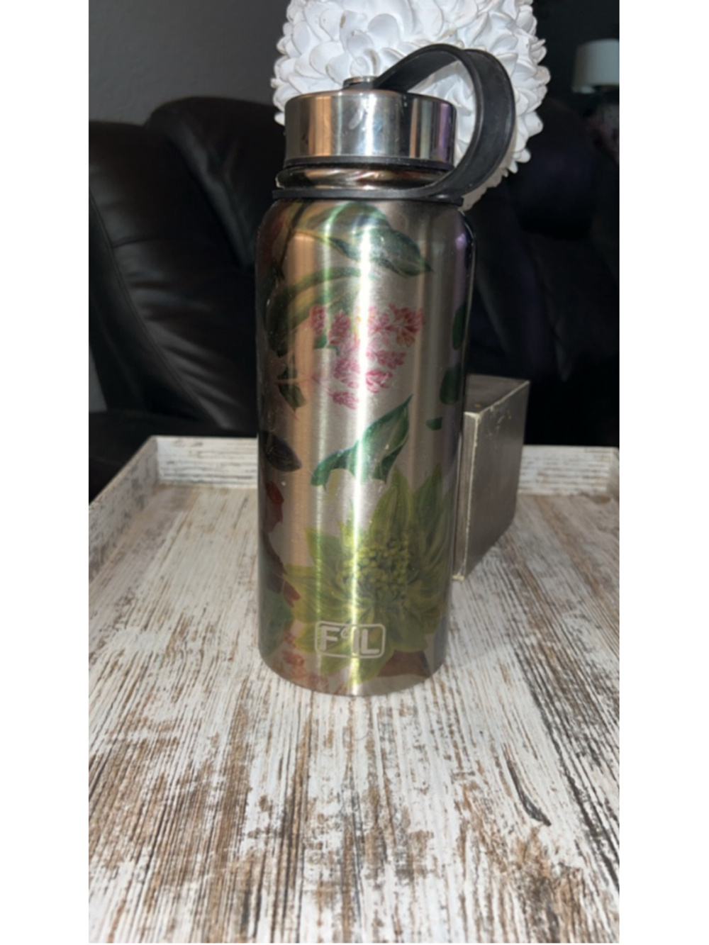 Unbranded Floral Stainless Steel Water Bottle One Size Silver Green